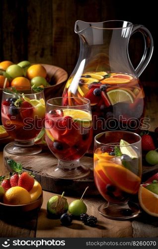 A colorful sangria , showcasing a large pitcher filled with red or white wine, fresh fruit, and a splash of brandy, accompanied by glasses filled with the refreshing beverage. Generative Ai
