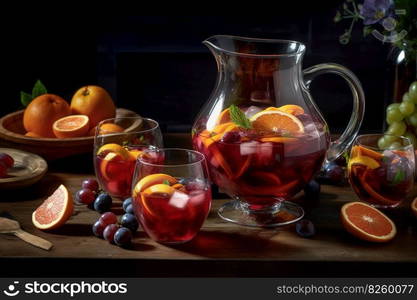 A colorful sangria , showcasing a large pitcher filled with red or white wine, fresh fruit, and a splash of brandy, accompanied by glasses filled with the refreshing beverage. Generative Ai