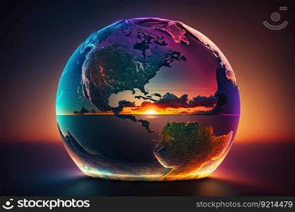a colorful sunrise over a globe, with rays of light illuminating different continents, created with generative ai. a colorful sunrise over a globe, with rays of light illuminating different continents