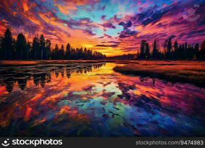 A colorful sunset over a lake with rocks and a lake in the foreground