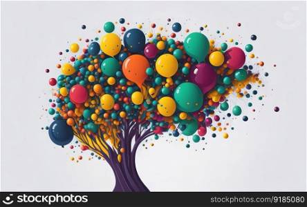A colorful tree with lots of balloons in the background. Generative AI.