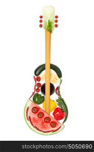 A colourful photo of the guitar made of fruits and vegetables.