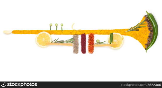 A colourful photo of the trumpet made of fruits, vegetables and spices.