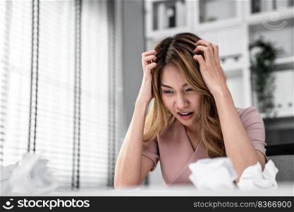 A competent female employee who has become completely exhausted as a result of overburdened work. Concept of unhealthy life as an office worker, office syndrome.. A competent female employee who has become completely exhausted from overwork.