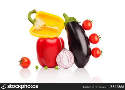 A compilation of vegetables on white background.