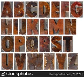 a complete English uppercase alphabet - a collage of 26 isolated antique wood letterpress printing blocks with ink patina