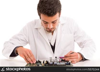 A computer engineer or technician, working on a computer motherboard