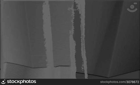 a computer generated black and white background of vertical moving lines with a ripped or torn paper effect