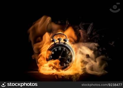 A conceptual image of a burning alarm clock on a dark background with fiery particles, indicating the pressure of deadlines and the importance of time management. Is AI Generative.