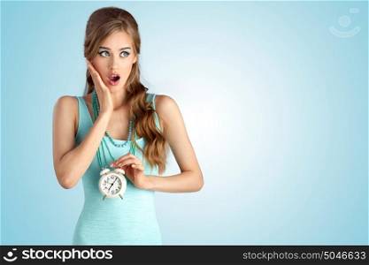 A conceptual photo of the ashamed girl with vintage clock in her hand.