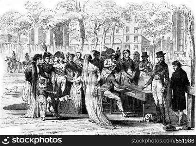 A concert at the ChampsElysees in the consulate, vintage engraved illustration. Magasin Pittoresque 1867.