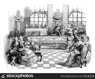 A concert in the eighteenth century, vintage engraved illustration. Magasin Pittoresque 1844.