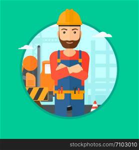A confident hipster builder with the beard standing with arms crossed on a background of construction site. Vector flat design illustration in the circle isolated on background.. Confident builder with arms crossed.