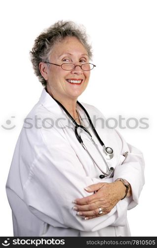 A confident, mature female doctor isolated on white background.