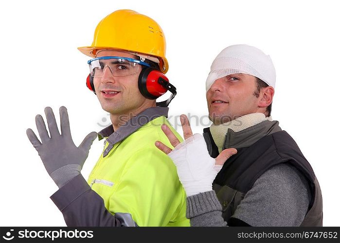A construction worker and his injured colleague.