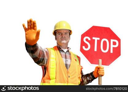 A construction worker stopping traffic, holding a stop sign. Isolated on white.