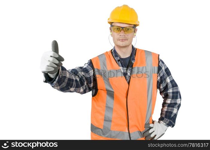 A construction worker, wearing the proper safety garments, giving a thumbs-up, showing good practise. Clipping path included