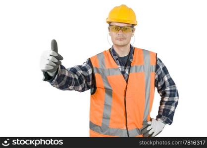 A construction worker, wearing the proper safety garments, giving a thumbs-up, showing good practise. Clipping path included