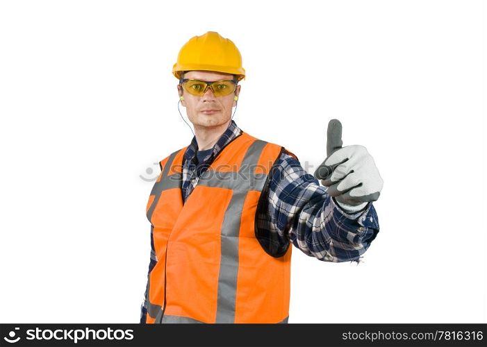 A construction worker, wearing the proper safety precautions, giving a thumbs-up, showing good practise.