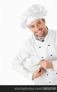 A cook prepares a white background