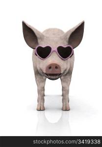 A cool smiling piglet wearing pink heart shaped sunglasses. White background.. Cool piglet wearing sunglasses.