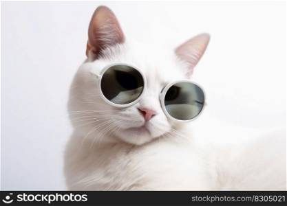 A cool white cat wearing black sunglasses on a white background created with generative AI technology