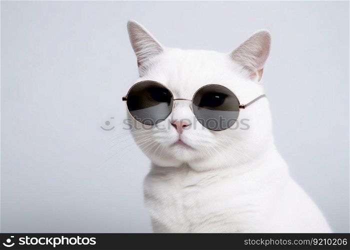 A cool white cat wearing black sunglasses on a white background created with generative AI technology