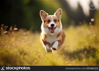 A corgi dog runs through the autumn forest in the yellow grass. A corgi dog runs through the autumn forest