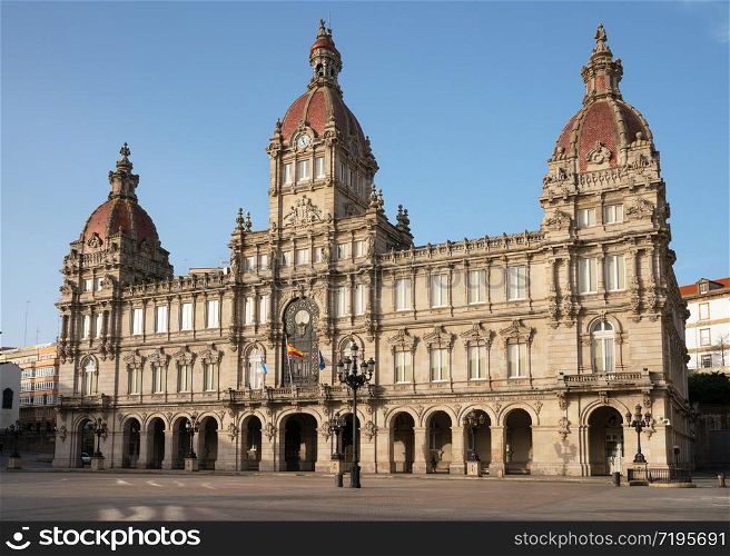 A CORUNA, SPAIN - FEBRUARY 2, 2020: Townhall, historic buildings of A Coruna on February 2, 2020 in Galicia, Spain