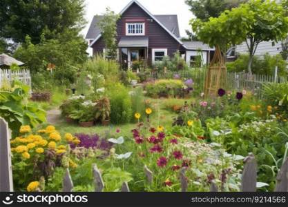 a cottage garden, with beds full of colorful blooms and vegetables, created with generative ai. a cottage garden, with beds full of colorful blooms and vegetables
