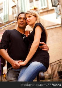 A couple in a quaint european street, France