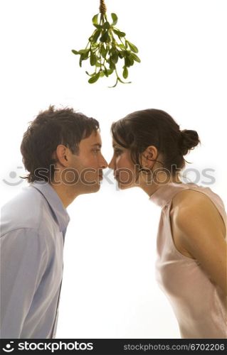 A couple kissing under mistletoe