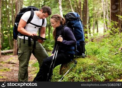 A couple of backpackers looking at a map in the forest