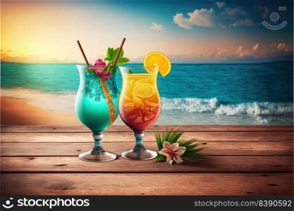 A Couple Of Exotic Cocktails By The Sea In A Wooden Table Overlooking The Ocean. Generative AI