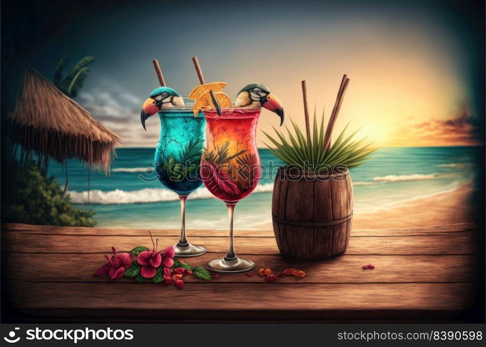 A Couple Of Exotic Cocktails By The Sea In A Wooden Table Overlooking The Ocean. Generative AI