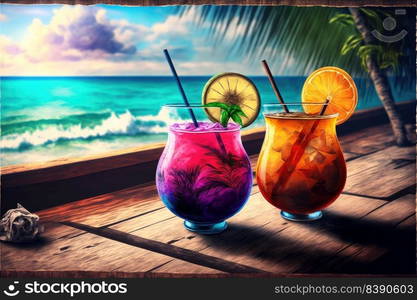 A Couple Of Exotic Cocktails By The Sea In A Wooden Table Overlooking The Ocean. Generative AI