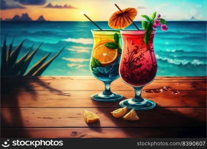 A Couple Of Exotic Cocktails By The Sea In A Wooden Table Overlooking The Ocean. Generative AI