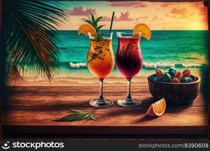 A Couple Of Exotic Cocktails By The Sea In A Wooden Table Overlooking The Ocean. Generative AI