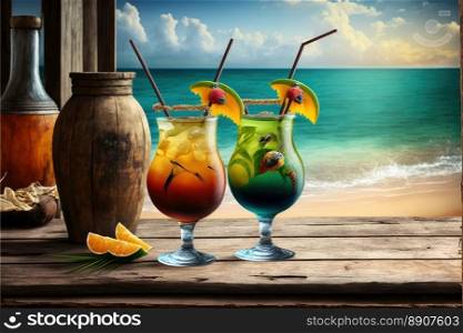 A Couple Of Exotic Cocktails By The Sea In A Wooden Table Overlooking The Ocean. Generative AI