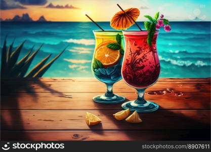 A Couple Of Exotic Cocktails By The Sea In A Wooden Table Overlooking The Ocean. Generative AI