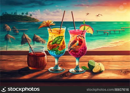 A Couple Of Exotic Cocktails By The Sea In A Wooden Table Overlooking The Ocean. Generative AI