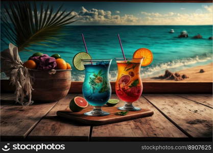 A Couple Of Exotic Cocktails By The Sea In A Wooden Table Overlooking The Ocean. Generative AI