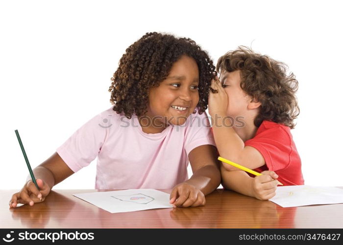 A couple of kids studding over white background