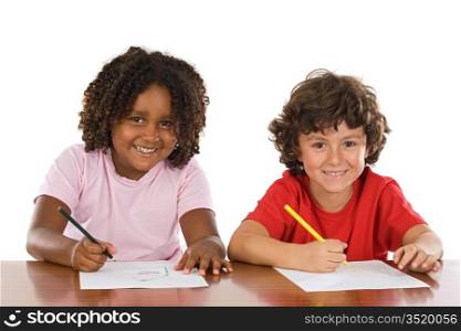 A couple of kids studding over white background
