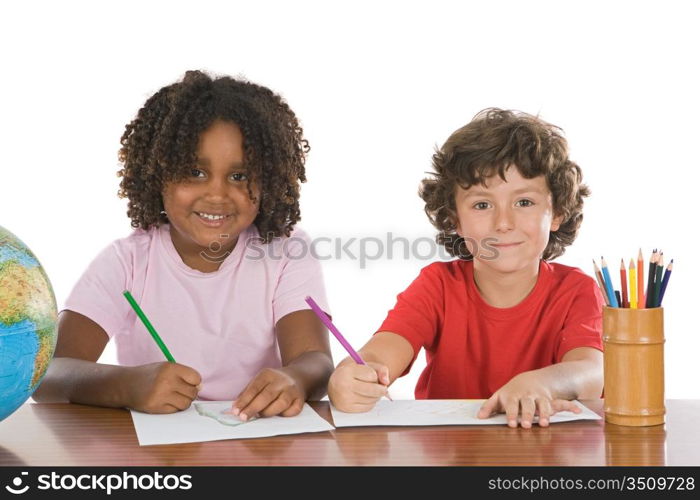 A couple of kids studing over white background