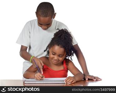 A couple of kids studing together over white background