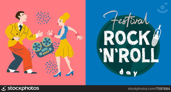 A couple of men and women dancing rock and roll. International rock and roll day. Vector template for festival posters, rock and roll day parties.. International rock and roll day. Vector template for festival posters, rock and roll day parties.