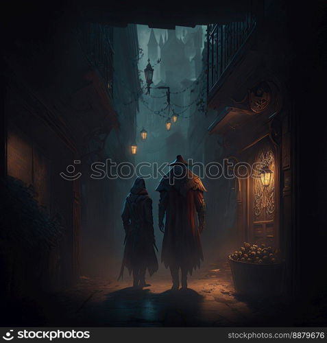 a couple of people standing next to each other in a dark alley, standing in a street or alley that is light by a l&,  night, renaissance, middle age, medieval, arch, gate, town, dark fantasy, 3D-Illustration created by generative AI