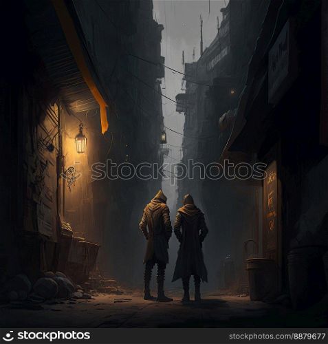 a couple of people standing next to each other in a dark alley, standing in a street or alley that is light by a l&,  night, renaissance, middle age, medieval, arch, gate, town, dark fantasy, 3D-Illustration created by generative AI