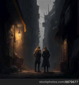 a couple of people standing next to each other in a dark alley, standing in a street or alley that is light by a l&,  night, renaissance, middle age, medieval, arch, gate, town, dark fantasy, 3D-Illustration created by generative AI